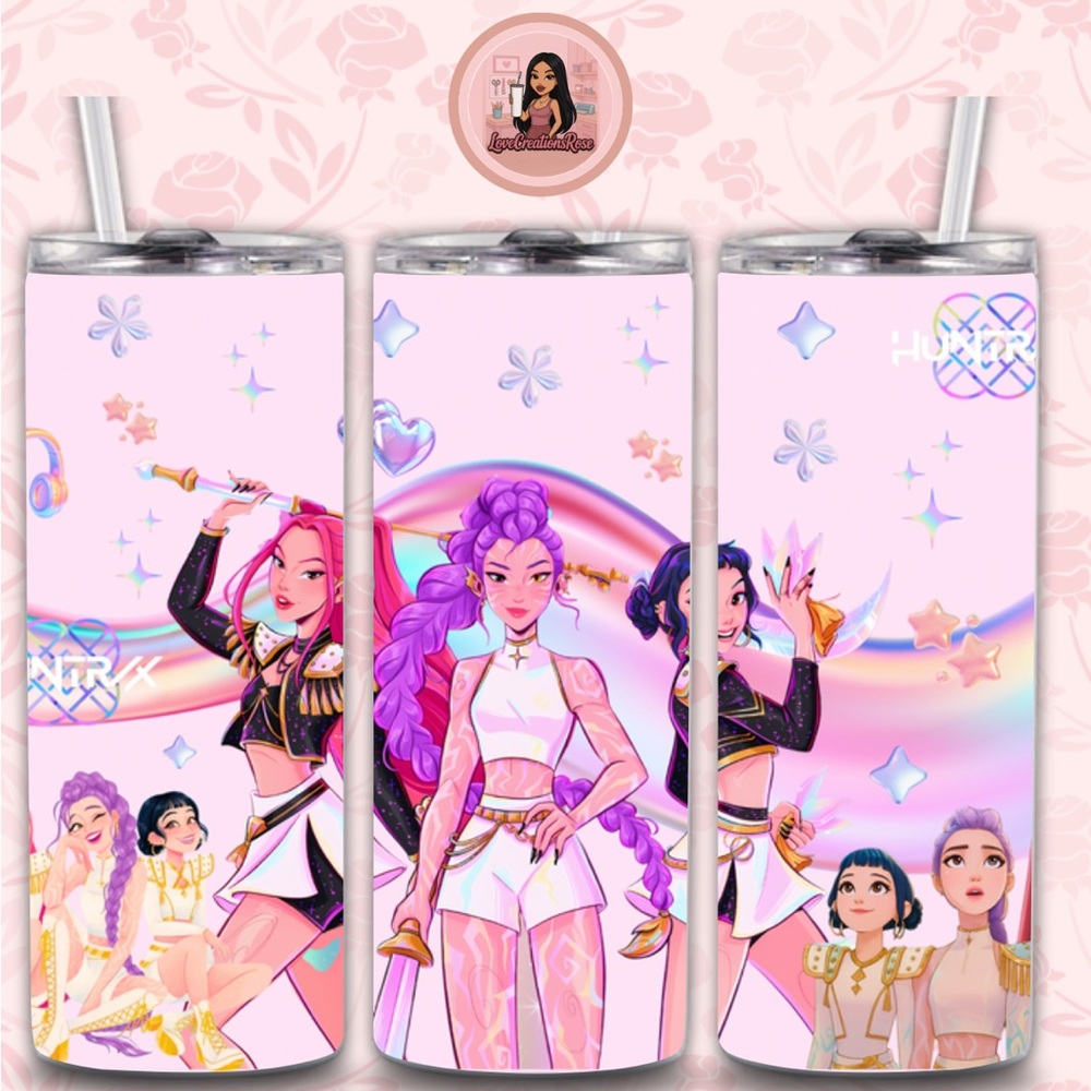 Pink and Purple Tumbler with Animated Characters kpop demon hunters